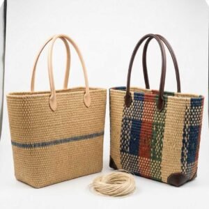 handwoven rwenzori fiber tote bag with leather handles